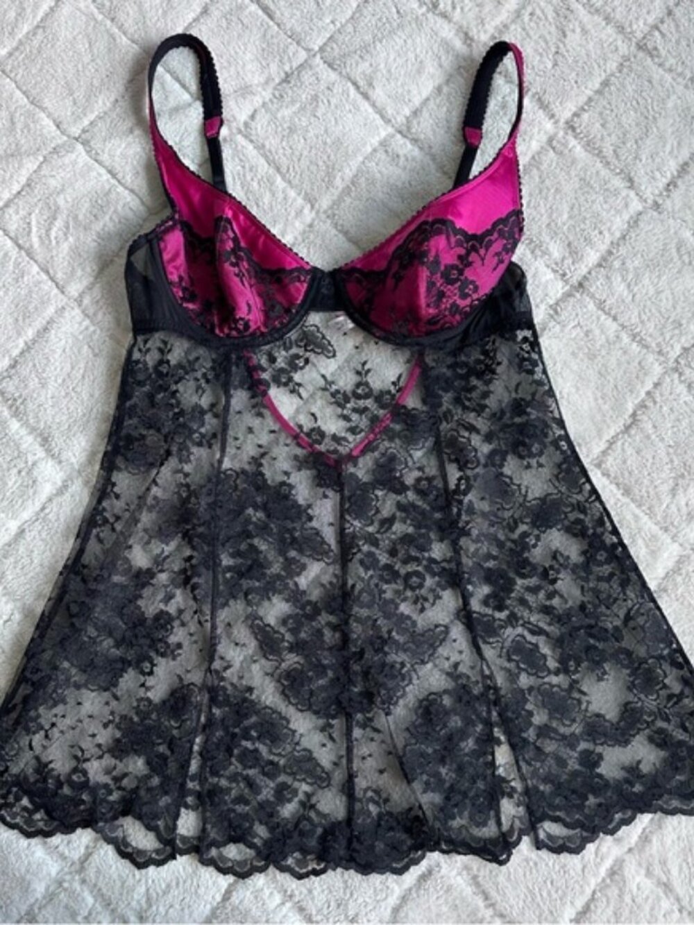 Victoria's Secret | Vintage Hot Pink and Black Lace Babydoll Lingerie | Size 36C